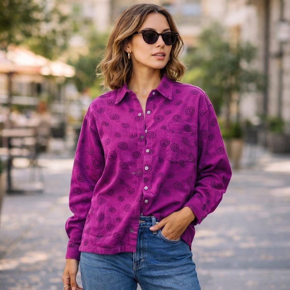 Retro Y2K Swirl‎ Print Button Up Shirt Purple Long Sleeve Vintage Artsy Relaxed